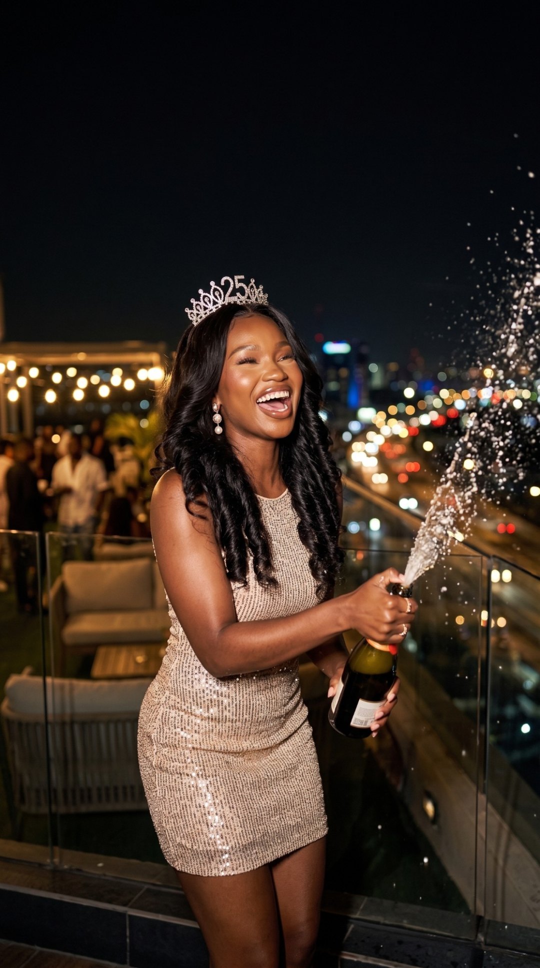 Vicky popping champagne on a rooftop